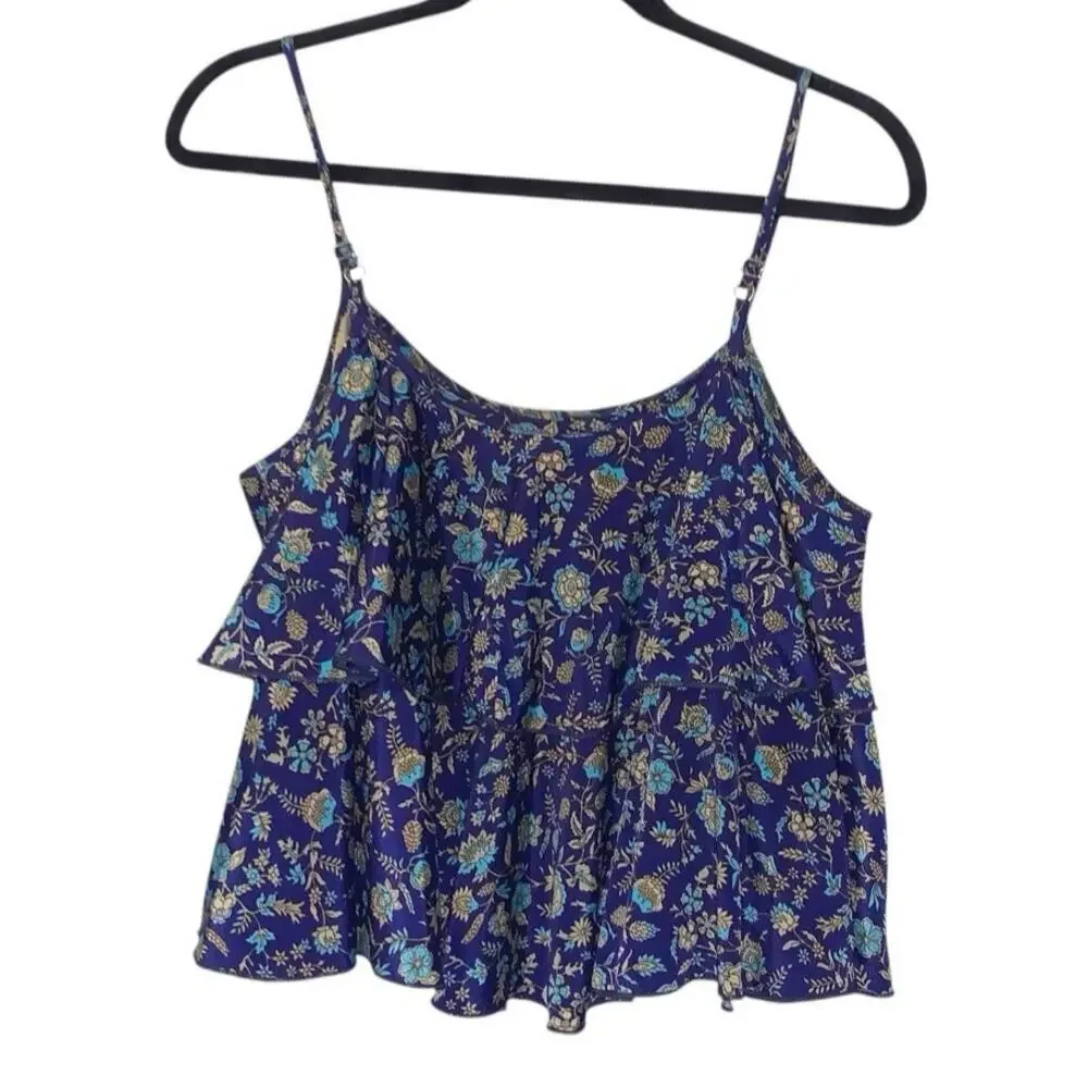 RAGA Anthropologie women's size S Blue Floral Print Spaghetti Strap Rayon Top - Picture 2 of 8